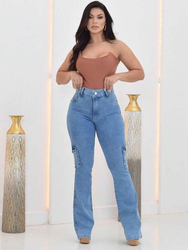 Calça Jeans feminina Flare marmorizada com Bolso Cargo-Lançamento Modelo 2024