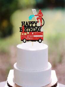 Happy Birthday Cake Topper Decoration With Glittery Fire Truck And Firefighter Theme For Fire Station Birthday Party Cake Decoration