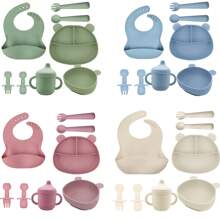 8 pezzi/set Stoviglie di alimentazione per bambini, piatti in silicone con base a ventosa, bavaglini regolabili, forchette, cucchiai, tazza per snack e tazza per paglia in silicone