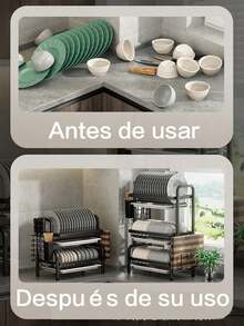 Escurridor de platos con 3 Niveles, con Escurridor para Mostrador, Escurridor de Cocina Multifuncional con Herramientas,con Soporte para Cuchillos, Cubiertos y Tablas de Cortar,navidad - Negro - Ver 4