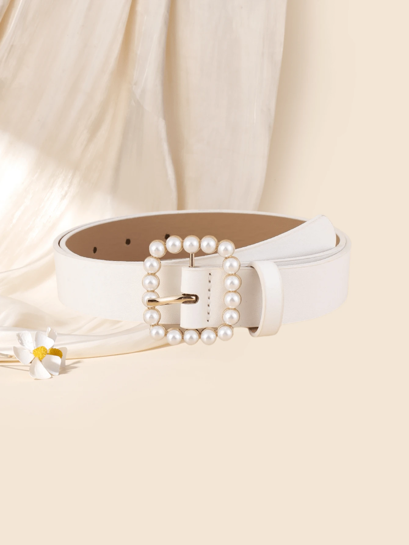 Square Faux Pearl Buckle Women's Belt, Retro Simple And Fashionable Decorative Waistband Elegant Summer, School Fall, Autumn, Halloween