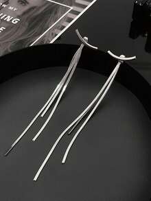 长款流苏吊坠耳环，适合女性和女孩佩戴，金色朋克风格，简约金属链耳环，伴娘首饰 - 銀色 - 查看 3