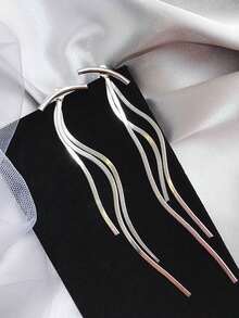 长款流苏吊坠耳环，适合女性和女孩佩戴，金色朋克风格，简约金属链耳环，伴娘首饰 - 銀色 - 查看 2