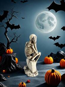 1pc Halloween Party Decor Skeleton Sitting On Gravestone Worried Figurine, Home Decoration