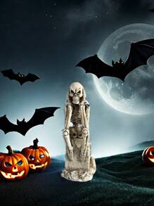 1pc Halloween Party Decor Skeleton Sitting On Gravestone Worried Figurine, Home Decoration