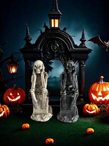 1pc Halloween Party Decor Skeleton Sitting On Gravestone Worried Figurine, Home Decoration