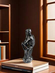 1pc Halloween Party Decor Skeleton Sitting On Gravestone Worried Figurine, Home Decoration