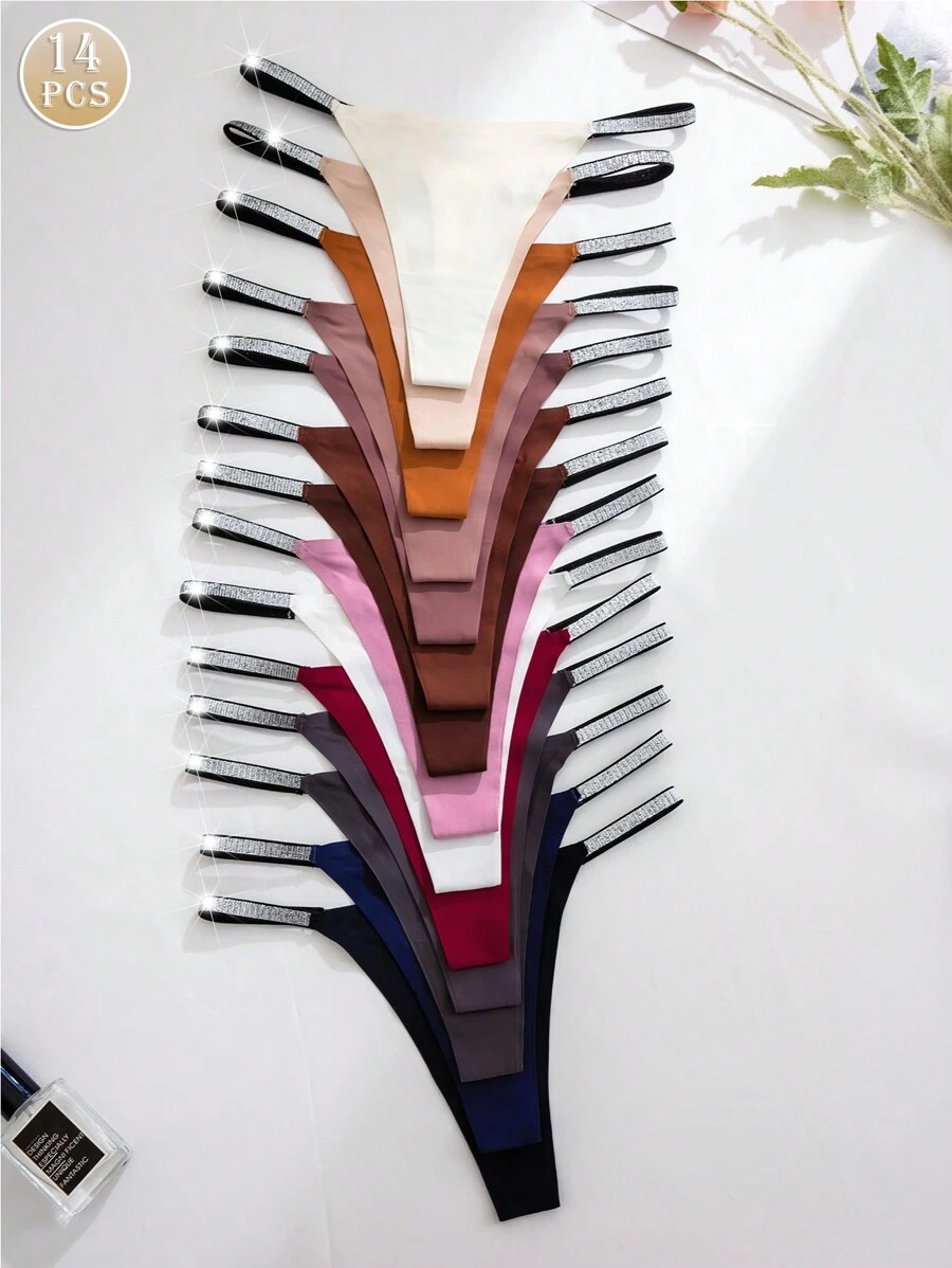 14 piezas Bragas adhesivas de nylon de estilo G-String elásticas y multicolores para niñas, cómodas, transpirables y sexys