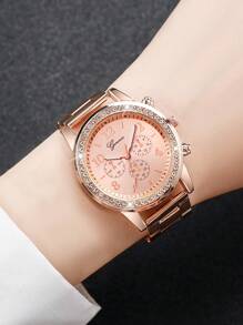 3pcs/Set Women's Steel Band Fashion Watch With Diamond Inlay Three Eyes & Numerical Scale Dial Quartz Wristwatch, Excluding Watch Box - Multicolor - View 4