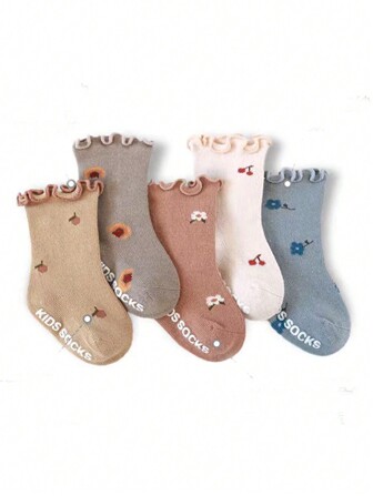 5pairs Baby Socks Spring Autumn Dotted Anti-Slip Socks With Mushroom Ears