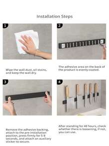 1个磁性不锈钢壁挂式刀架，无需钻孔，自粘式，正反面区分，单面磁性，简约设计刀具收纳架。厨房刀具收纳配件，非常适合万圣节、圣诞节等节日。