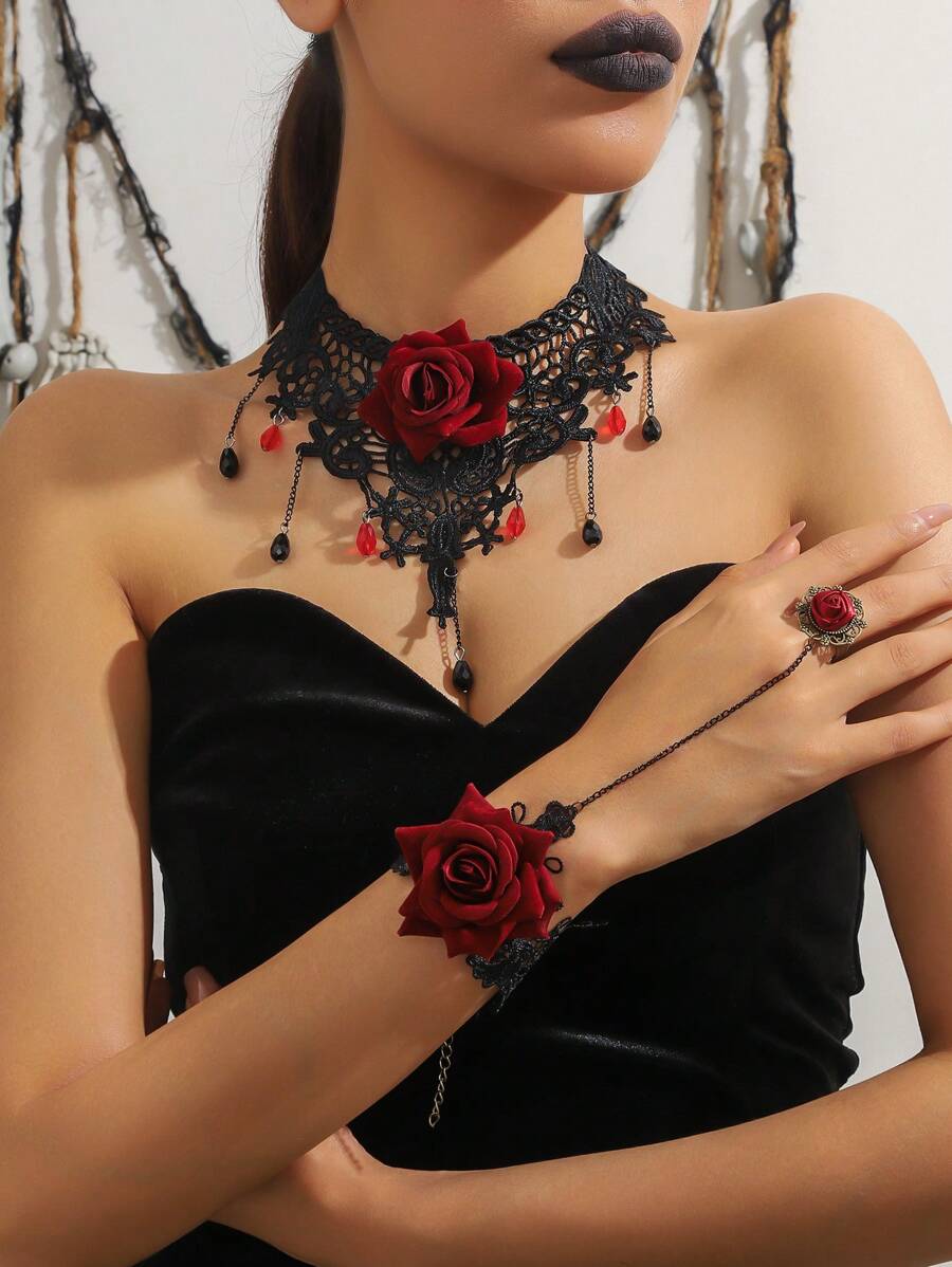1套哥特式暗黑復古蕾絲花領項鍊套裝，酷炫時尚設計，帶有玫瑰花手指鏈，高雅奢華的宮廷風格血滴流軟骨頸鍊珠寶套裝，適合女性佩戴，適用於萬聖節、感恩節、派對等節日場合，非常適合裝扮和節日禮物 - 黑色 - 查看 1