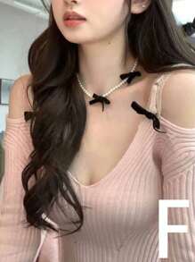 Rhinestone Bow Decor Faux Pearl Beaded Necklace Valentines,Mom,Mother,Mother's Day,Gift - Silver - View 5