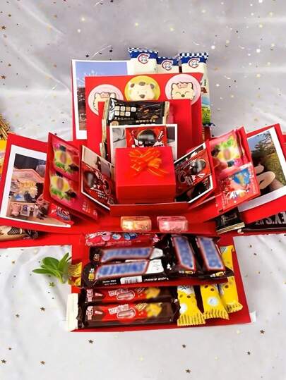 16pcs/Set Red/Blue Explosion Gift Box Set Surprise Gift Photo Box Creative DIY Scrapbooking Picture Album Accessories Snacks Gift Couple Gifts For Birthday Proposals Valentine's Day, Mother's Day, Graduation Party, Merry Christmas Party Decor
