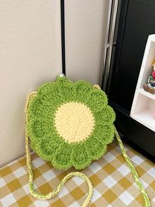 [Producto terminado] Bolso de crochet con girasoles en ambos lados, hecho a mano con bolso dulce de punto para llaves y monedas - Verde - Ver 5