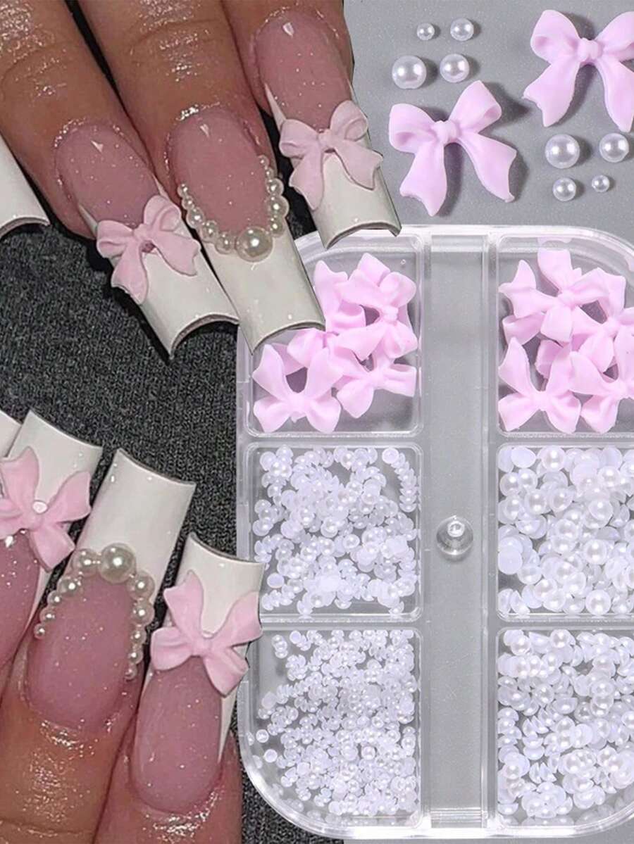 1 Box Of Cute Mini Bow 3D Cute Nail Decoration With White Pearl Nail Decoration Design DIY Pink Bow Resin Nail Accessories - Multicolor - View 1