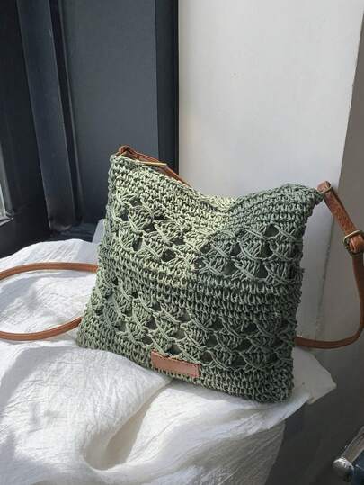 Mini Woven Solid Color Crochet Bag, Small Size Adjustable Strap Crossbody Bag, Hollow Floral Fashion Women Mini Phone Bag
