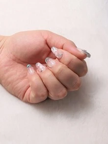 10入組短梯形美甲貼片，柔軟可愛甜美風格，多彩貓眼石效果，配上珠子和立體晶鑽，完全手工製作的指甲藝術，即貼式假指甲