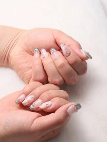 10入組短梯形美甲貼片，柔軟可愛甜美風格，多彩貓眼石效果，配上珠子和立體晶鑽，完全手工製作的指甲藝術，即貼式假指甲