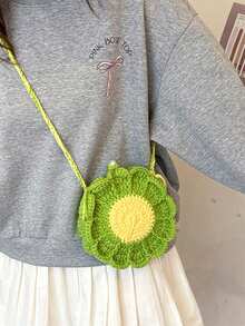 [Producto terminado] Bolso de crochet con girasoles en ambos lados, hecho a mano con bolso dulce de punto para llaves y monedas - Verde - Ver 3