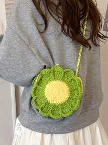 [Producto terminado] Bolso de crochet con girasoles en ambos lados, hecho a mano con bolso dulce de punto para llaves y monedas - Verde - Ver 2