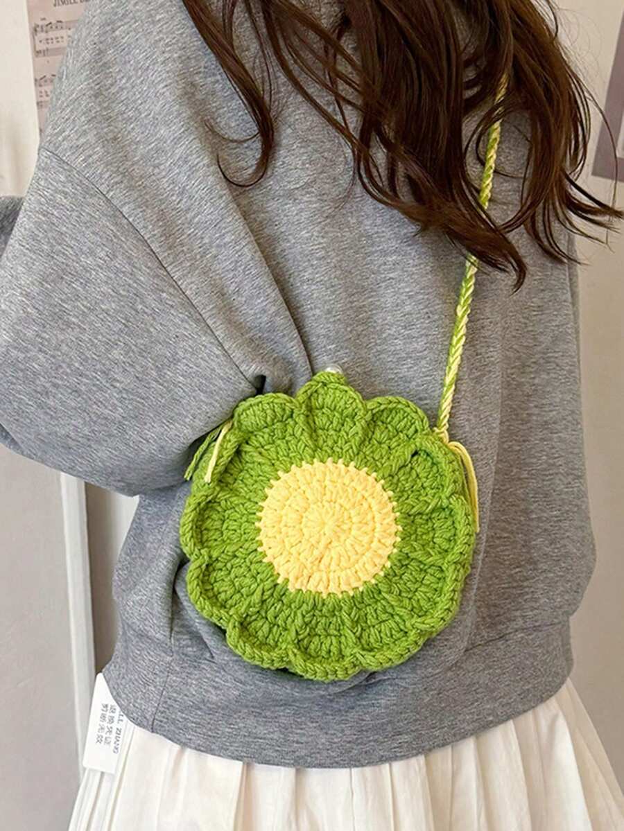 [Producto terminado] Bolso de crochet con girasoles en ambos lados, hecho a mano con bolso dulce de punto para llaves y monedas