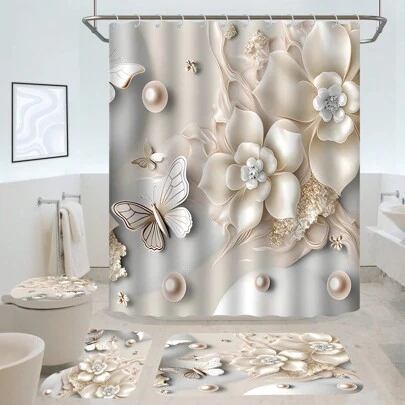 1/4 件 3D 艺术花卉浴帘套装，现代浮雕蝴蝶珠宝防水浴帘，配有 12 个免费挂钩，浴室装饰秋季装饰浴室配件返校