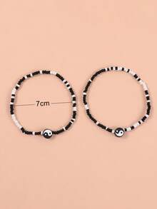 2pcs Simple & Versatile Random Black/White Rice Bead & Soft Pottery Bead String Yin Yang Tai Chi Anklet Set, Jewelry Suitable For Women's Daily Wear - Yin and Yang - View 3