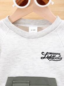 2 件套男婴休闲长袖拼色运动衫和工装裤套装，轻便，春/秋 - 灰色 - 查看 3