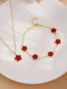 2pcs Dreamy Five-Leaf Clover Necklace & Bracelet Set, French Style Fashionable Minimalist Jewelry For Women Valentines,Mom,Mother,Mother's Day,Gift