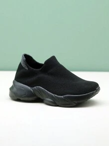 兒童黑色/灰色針織懶人運動休閒鞋，輕便舒適