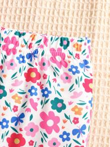 Fashionable Baby Girls' Casual Solid Color Long Sleeve Top With Wave Hem & Floral Printed Pants Set, Comfortable - Hot Pink - View 5