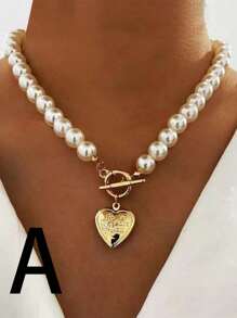 Rhinestone Bow Decor Faux Pearl Beaded Necklace Valentines,Mom,Mother,Mother's Day,Gift - Silver - View 6