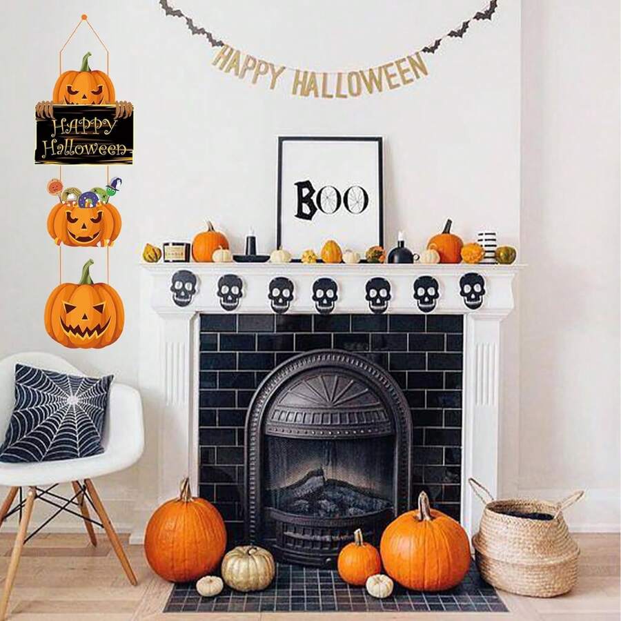 Decoración de Halloween- Adornos de puerta, guirnalda de Halloween para colgar en el hogar o jardín al aire libre con motivos de esqueletos y calabazas para suministros de decoración de Halloween para fiesta - Multicolor - Ver 1