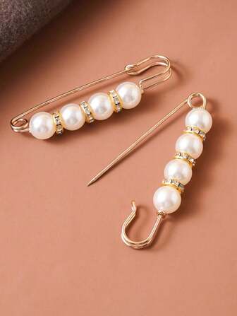 2pcs/Set Rhinestone & Faux Pearl Decor Brooch