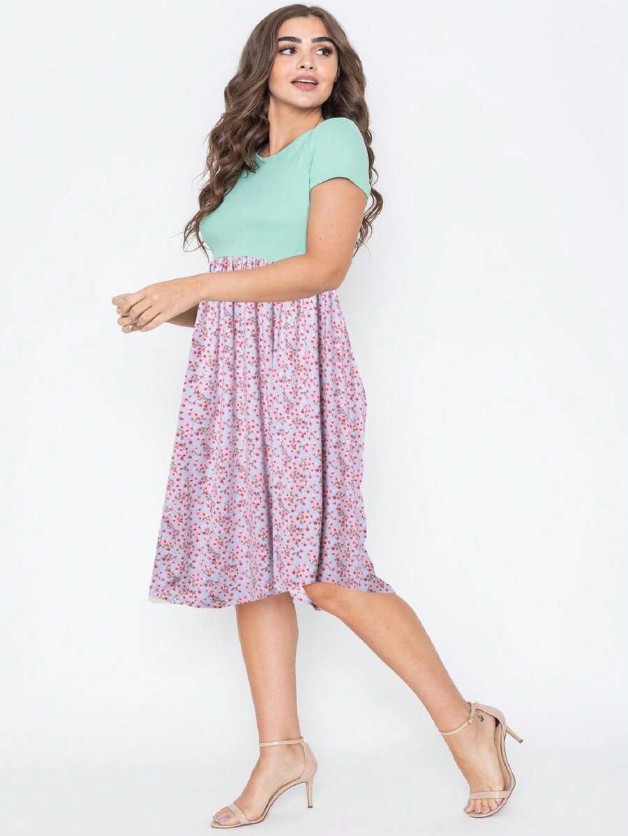 Vintage Boho Summer Fall Pink Navy Mint Floral Shift Swing T Shirt Sleeve Southern Dress | Small-3 XL Plus - 粉色 - 查看 1