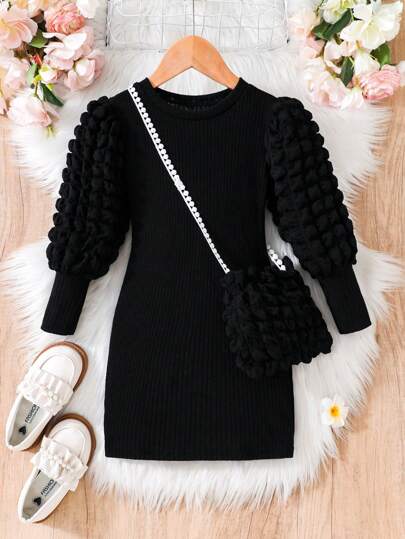 2-delat höst-/vinterset för flickor med långärmad klänning och axelväska, speciella tygsömmar, mjuk och bekväm, passar åldrarna 8-12, vardagskläder