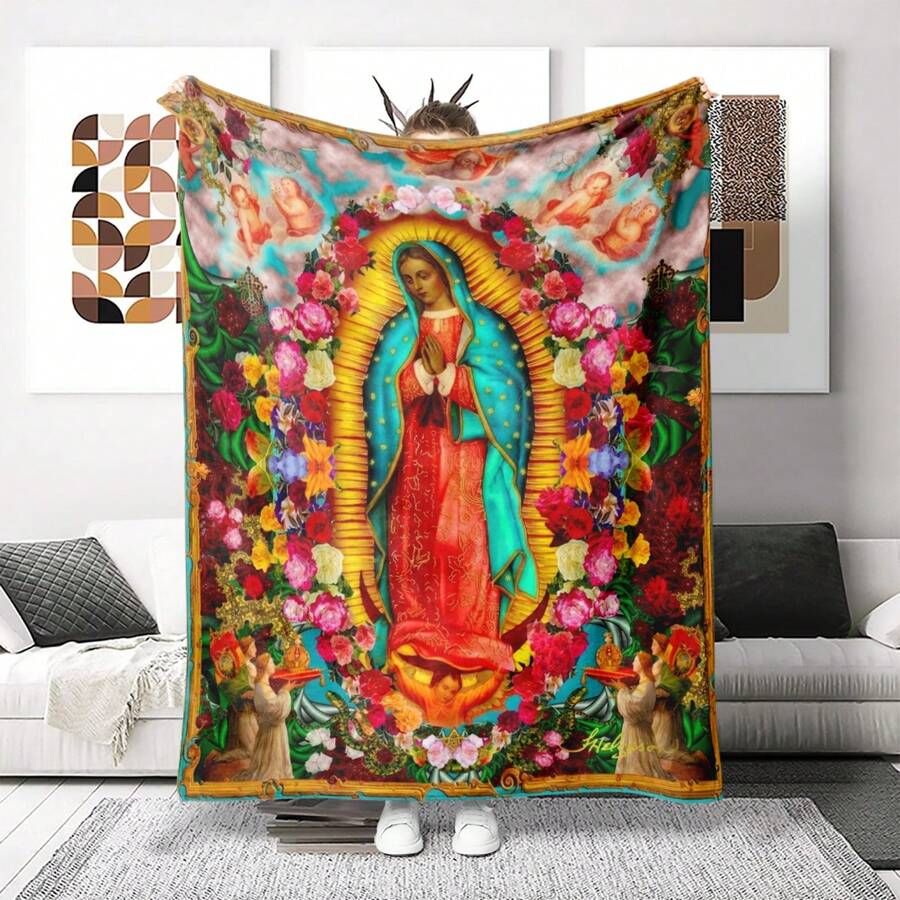 1pc Virgin Mary Prayer Printed Flannel Blanket, Soft Sofa/Bed Blanket, Luxurious Warm Gift Blanket, Ultra-Fine Wool Double Bed/Sofa Blanket, Machine Washable And Tumble Dry