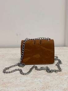 仿皮迷你翻盖链条斜挎包，纯色绒面革衬里，百搭秋冬季款 - 棕色 - 查看 5