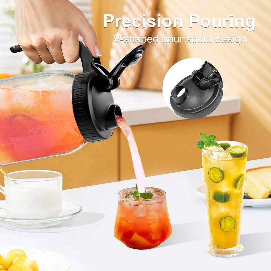 Glass Pitcher With Lid 2 Quart Wide Mouth Mason Jar Pitcher, 64OZ