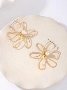 1 对金属别致镂空线花朵耳坠，欧美简约办公室设计耳饰，适合情人节/日常/生日/订婚/结婚礼物，简约舒适的女士珠宝情人节 - 鏤空線條花朵 - 查看 4