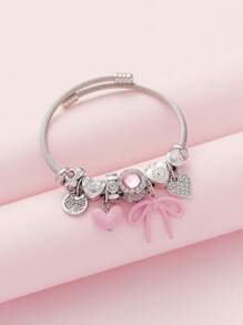 1pc Elegant Pink 3D Heart Bowknot Pendant Beaded Stainless Steel Bracelet, Y2K Style With Rhinestone & Multiple Element Design, Big Hole Beads DIY Adjustable Bracelet, Suitable For Women's Daily Wear, Parties, Festivals And Gift Giving - Silver - View 12