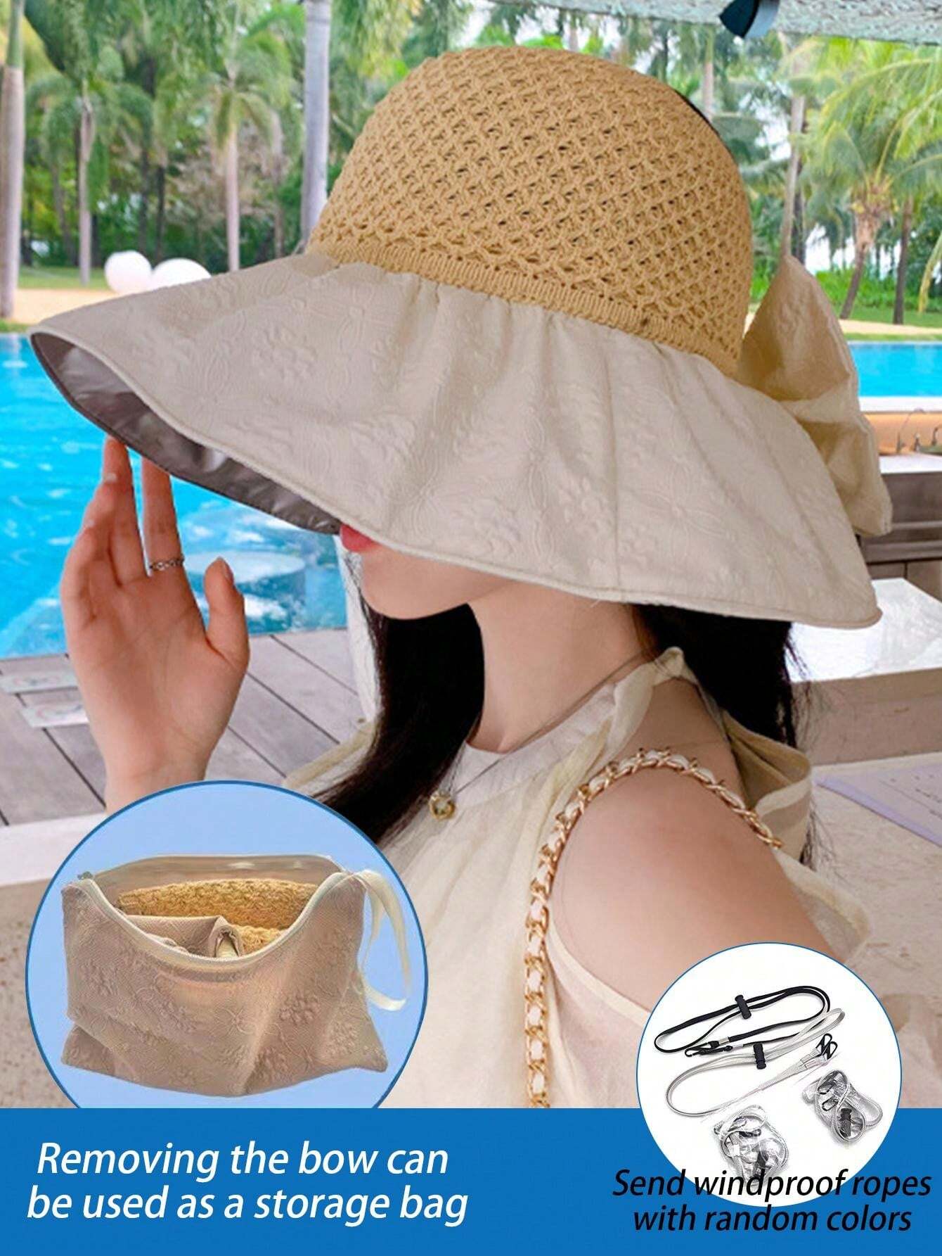 Cappello Da Sole Donna Con Tesa Larga - Protezione UV, Pieghevole, Foro Per Coda Di Cavallo, Beige