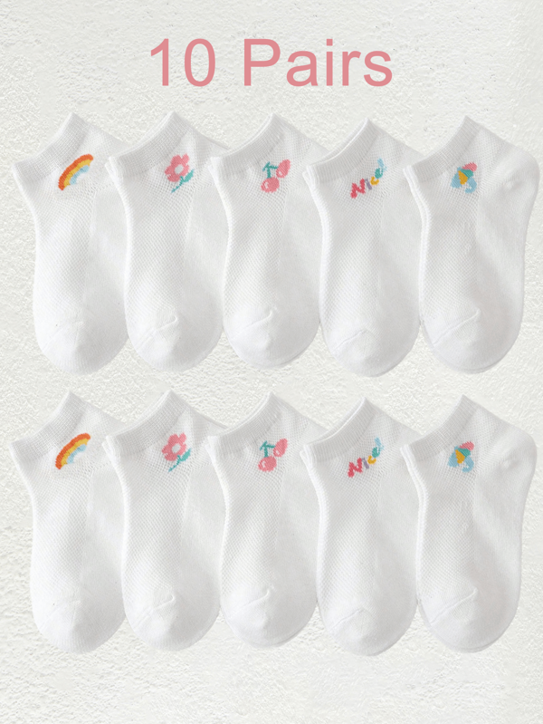 10 Pairs/Set Rainbow Cherry & Letter Mesh Breathable Short Socks For Girls, Suitable For Daily Wear