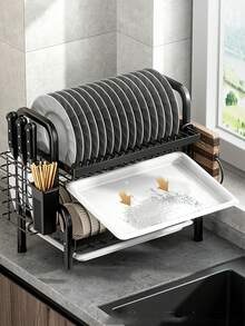 Escurridor de platos con 3 Niveles, con Escurridor para Mostrador, Escurridor de Cocina Multifuncional con Herramientas,con Soporte para Cuchillos, Cubiertos y Tablas de Cortar,navidad - Negro - Ver 6