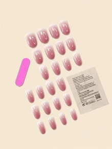 24 uñas postizas en color beige degradado con borde dorado y polvo brillante + 24 piezas de pegamento de gelatina + lima para aplicar uñas postizas