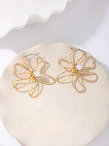 1 对金属别致镂空线花朵耳坠，欧美简约办公室设计耳饰，适合情人节/日常/生日/订婚/结婚礼物，简约舒适的女士珠宝情人节 - 鏤空線條花朵 - 查看 5