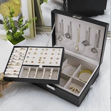 1 Pc Black Minimalist Double-Layer Large Capacity Flip Jewelry Storage Box, Wooden PU Leather Jewelry Box, Multi-Layer Sandwich Space Design, Large Capacity Storage Box, Suitable For Storing More Jewelry At Home, Accessory Storage - Black - View 9