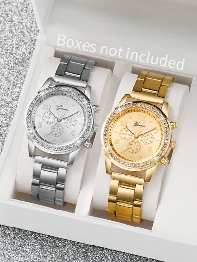 Set de 2 relojes de pulsera de mujer con esfera numérica de tres ojos decorada con rhinestones, con correa de acero, sin caja de reloj incluida