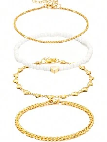 4 件套优雅简约波西米亚风格串珠心形镂空设计粗/细链可调节脚链套装适合西方女性时尚个性化，适合度假、海滩、约会和日常装扮，纪念礼物 - setB - 查看 5